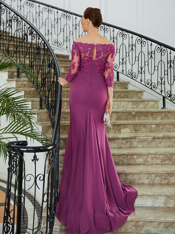 Lorena Sheath/Column Chiffon Applique Off-the-Shoulder 3/4 Sleeves Sweep/Brush Train Mother of the Bride Dresses DSP0020278
