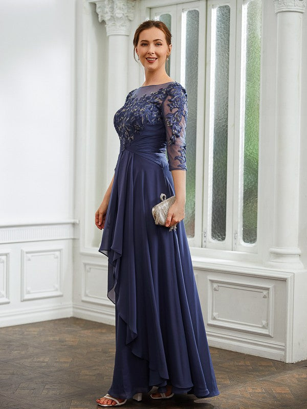 Karen A-Line/Princess Chiffon Applique Bateau 3/4 Sleeves Floor-Length Mother of the Bride Dresses DSP0020266