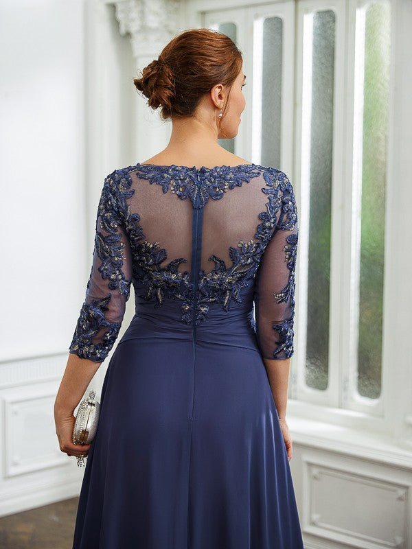 Karen A-Line/Princess Chiffon Applique Bateau 3/4 Sleeves Floor-Length Mother of the Bride Dresses DSP0020266