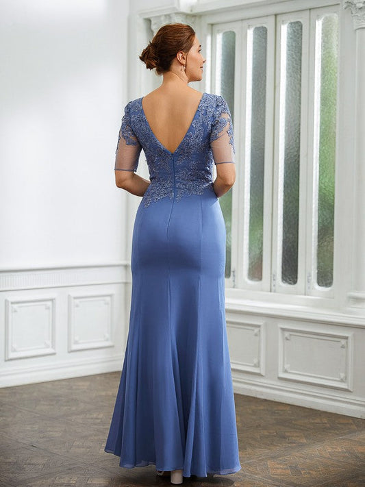 Nevaeh Sheath/Column Chiffon Applique Bateau Short Sleeves Floor-Length Mother of the Bride Dresses DSP0020272