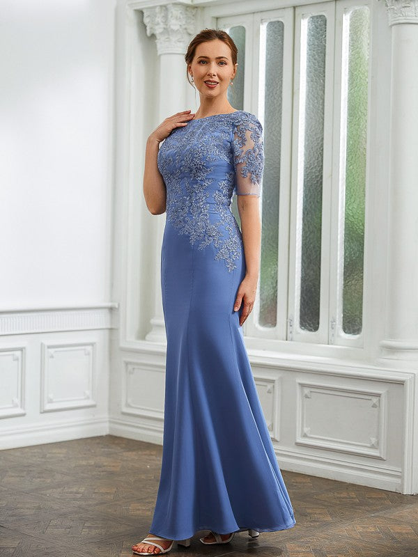 Nevaeh Sheath/Column Chiffon Applique Bateau Short Sleeves Floor-Length Mother of the Bride Dresses DSP0020272