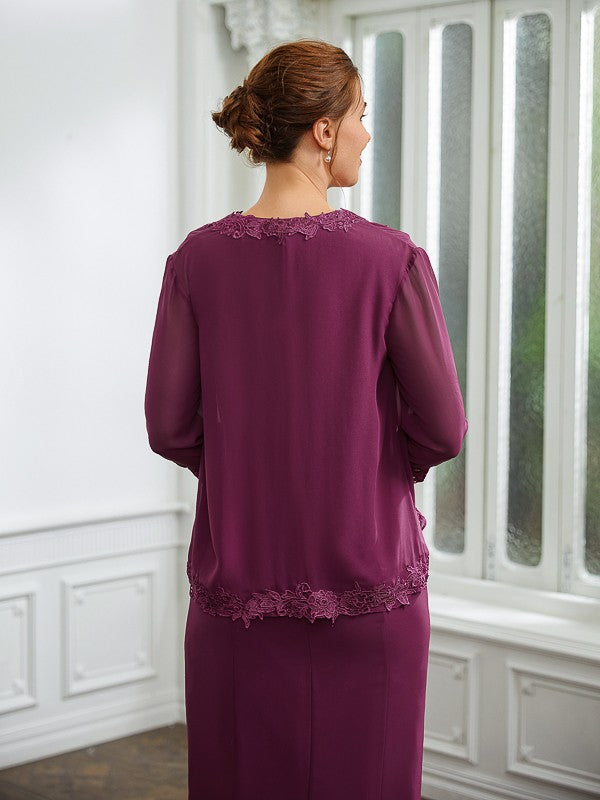 Leah Sheath/Column Chiffon Applique V-neck Sleeveless Tea-Length Mother of the Bride Dresses DSP0020263