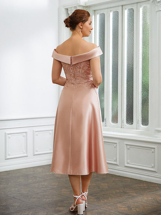 Madeleine A-Line/Princess Satin Applique Off-the-Shoulder Sleeveless Tea-Length Mother of the Bride Dresses DSP0020255
