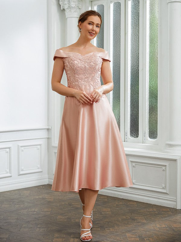 Madeleine A-Line/Princess Satin Applique Off-the-Shoulder Sleeveless Tea-Length Mother of the Bride Dresses DSP0020255