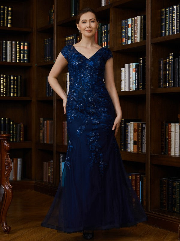Nydia Sheath/Column Tulle Applique V-neck Short Sleeves Floor-Length Mother of the Bride Dresses DSP0020241