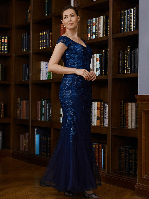 Nydia Sheath/Column Tulle Applique V-neck Short Sleeves Floor-Length Mother of the Bride Dresses DSP0020241