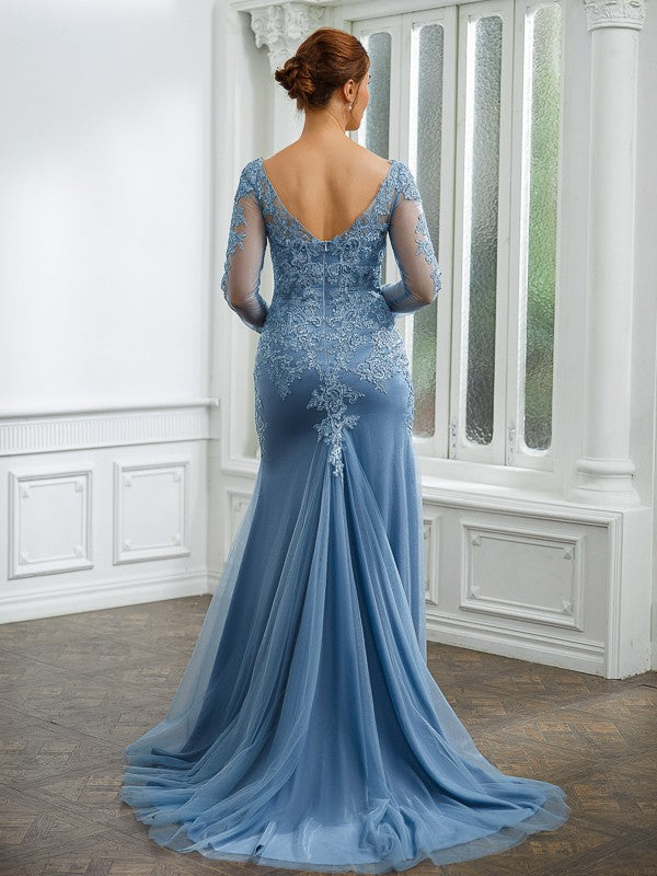 Polly Sheath/Column Tulle Applique V-neck Long Sleeves Sweep/Brush Train Mother of the Bride Dresses DSP0020244