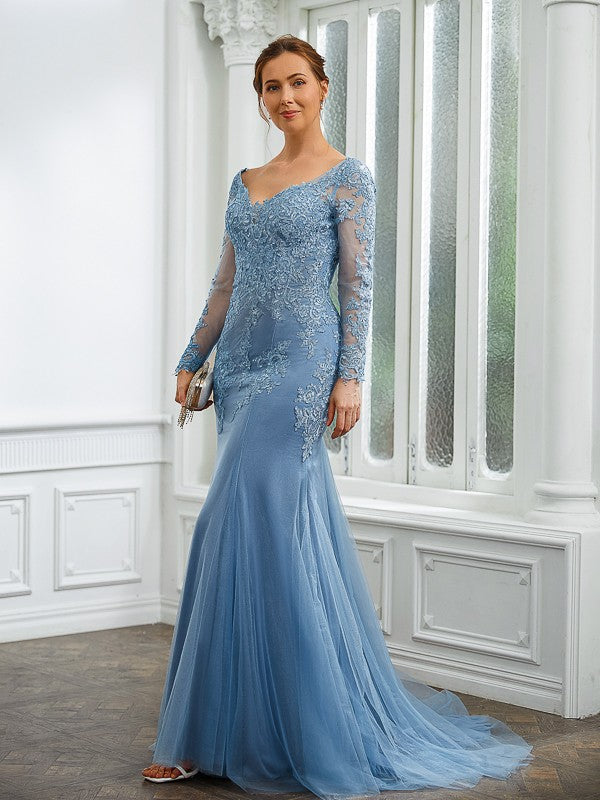 Polly Sheath/Column Tulle Applique V-neck Long Sleeves Sweep/Brush Train Mother of the Bride Dresses DSP0020244