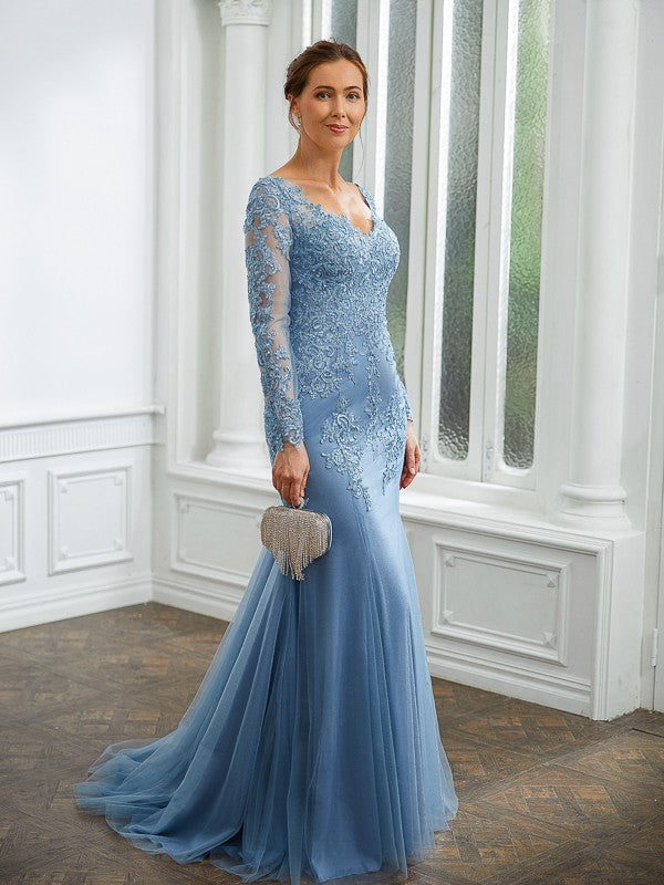 Polly Sheath/Column Tulle Applique V-neck Long Sleeves Sweep/Brush Train Mother of the Bride Dresses DSP0020244