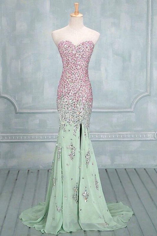Sexy Mermaid Rhinestones Sweetheart Front Split Mint Chiffon Prom Dresses RS620