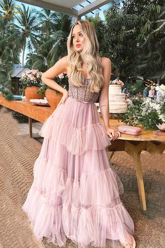 Pink Layers Prom Dresses Long A Line Beaded Party Dress Tiered Strapless Tulle Evening Dress