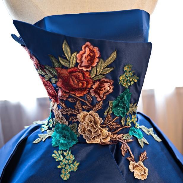 Dark Blue Ball Gown Satin Strapless Lace up Appliques Long Prom Quinceanera Dress RS602