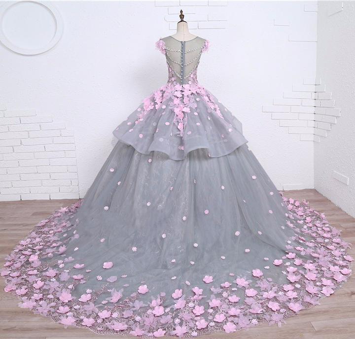 Scoop Ball Gown Gray Tulle Sleeveless Bowknot Empire Waist Wedding Dress with Pink Flowers RS576