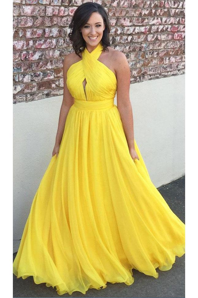 Princess Chiffon A-line Halter Long Yellow Backless Sleeveless Prom Dresses RS423