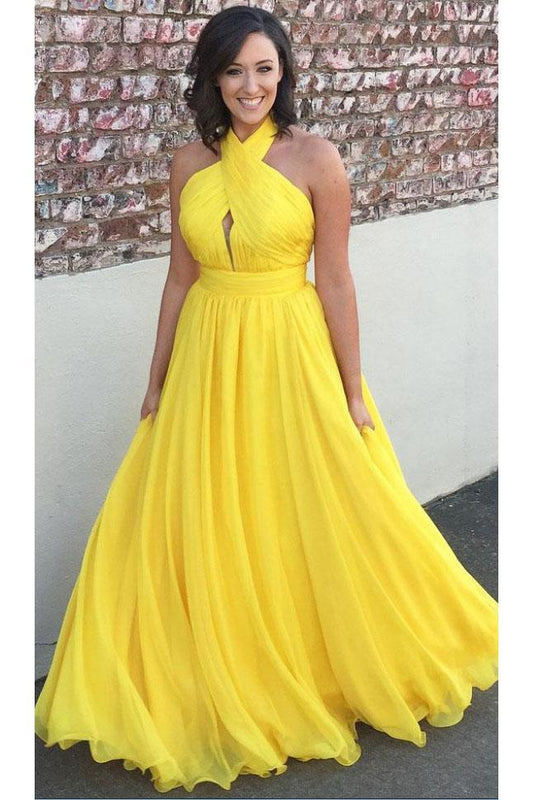 Princess Chiffon A-line Halter Long Yellow Backless Sleeveless Prom Dresses RS423