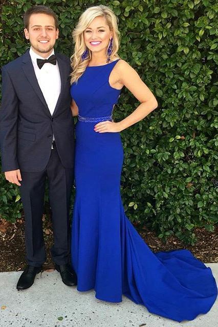Royal Blue Scoop Mermaid Sleeveless Backless Beads Spandex Prom Dresses RS618