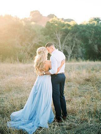 A Line Sky Blue Rustic Chiffon Deep V Neck Slit Summer Beach Wedding Dresses RS863