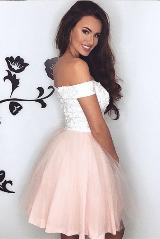Pretty Lace V Neck Tulle Off the Shoulder Light Pink Sweetheart Homecoming Dresses RS721