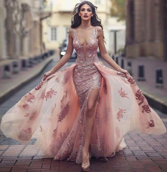 Sexy Deep V Neck Mermaid Tulle Lace Appliques Slit Front Backless Princess Prom Dresses RS742