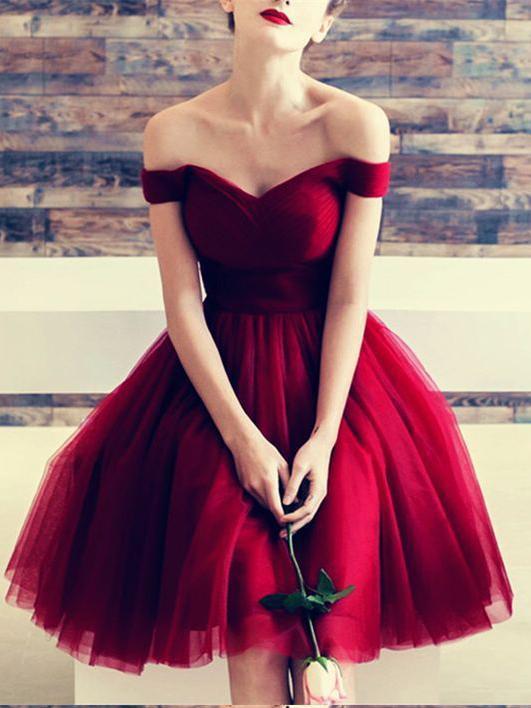 A Line Burgundy Off the Shoulder Tulle Sweetheart Cocktail Dress Homecoming Dresses RS639
