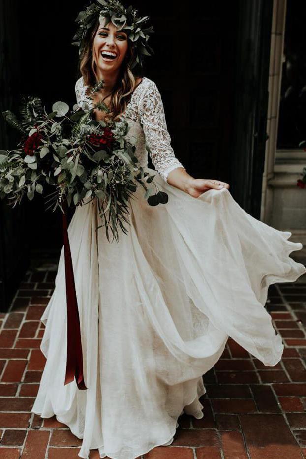 3/4 Sleeve Lace Ivory Chiffon Wedding Dresses Cheap Two Piece Beach Bridal Dresses RS813