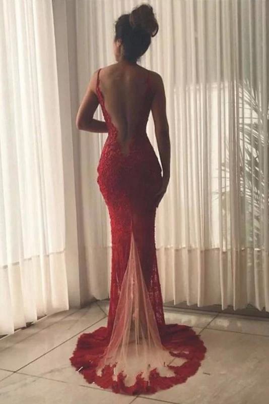 Sexy Burgundy Deep V Neck Mermaid Prom Dresses Lace Long Slit Evening Dresses RS831