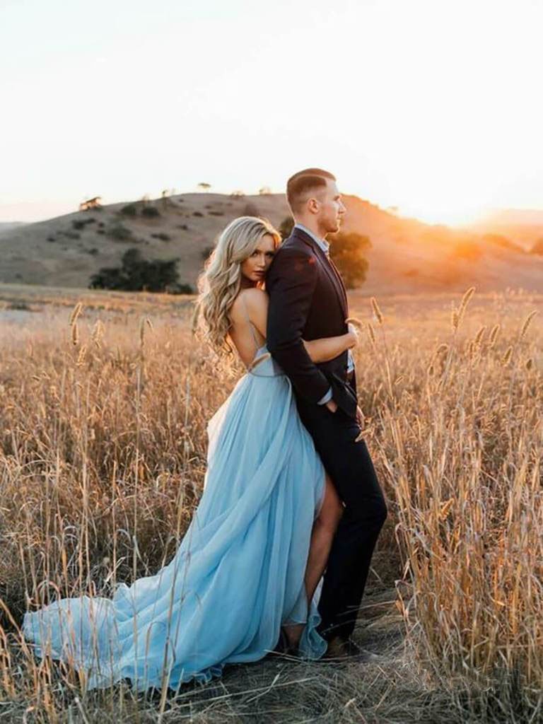 A Line Sky Blue Rustic Chiffon Deep V Neck Slit Summer Beach Wedding Dresses RS863