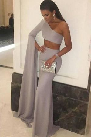 Sexy Mermaid One Shoulder Grey Slit Satin Long Zipper Prom Dresses RS63