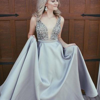 Sexy Elegant Sparkly Beads Top A-line Open Back V-Neck Stretch Satin Prom Dresses RS408