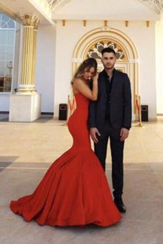 Red Chic Sweetheart Strapless Sleeveless Mermaid Satin Prom Dresses RS761