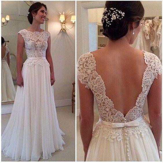 A-line Round Neckline Chiffon Lace Long Open Back Sleeves Wedding Dresses RS217