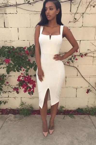 Sexy Sheath Black Spaghetti Straps Slit Tea Length Prom Dresses Homecoming Dresses RS896