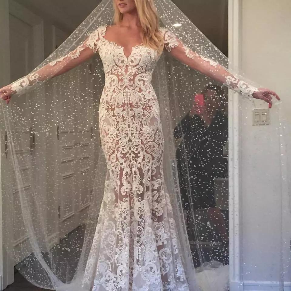 Romantic Long Appliques Backless Lace Mermaid Ivory Long Sleeve Wedding Dresses RS294