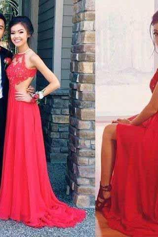 Red Backless Sexy Lace Unique Halter A-Line Slit Criss Cross Sleeveless Prom Dresses RS948