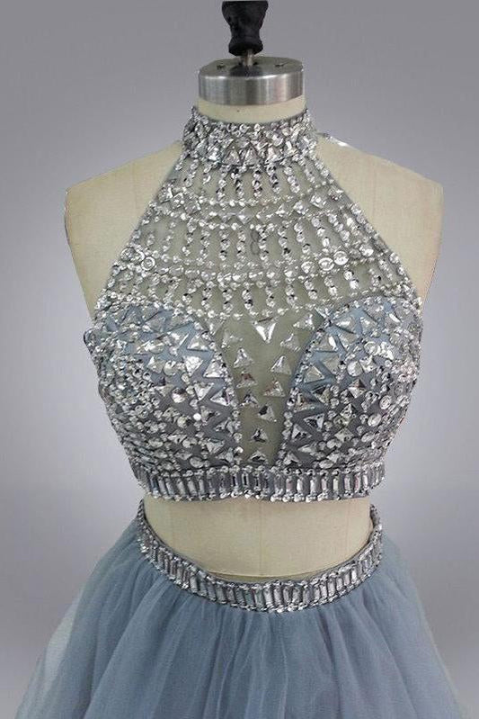 Halter High Neck Beaded Bodice Two Piece Fall Gary Tulle Open Back Homecoming Dress