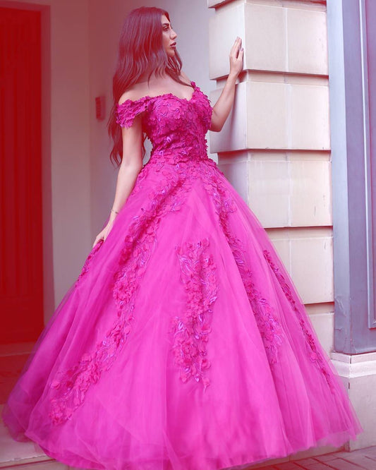 Princess Fuchsia Tulle Off-the-Shoulder Ball Gown Sweetheart Lace Appliques Prom Dresses RS262