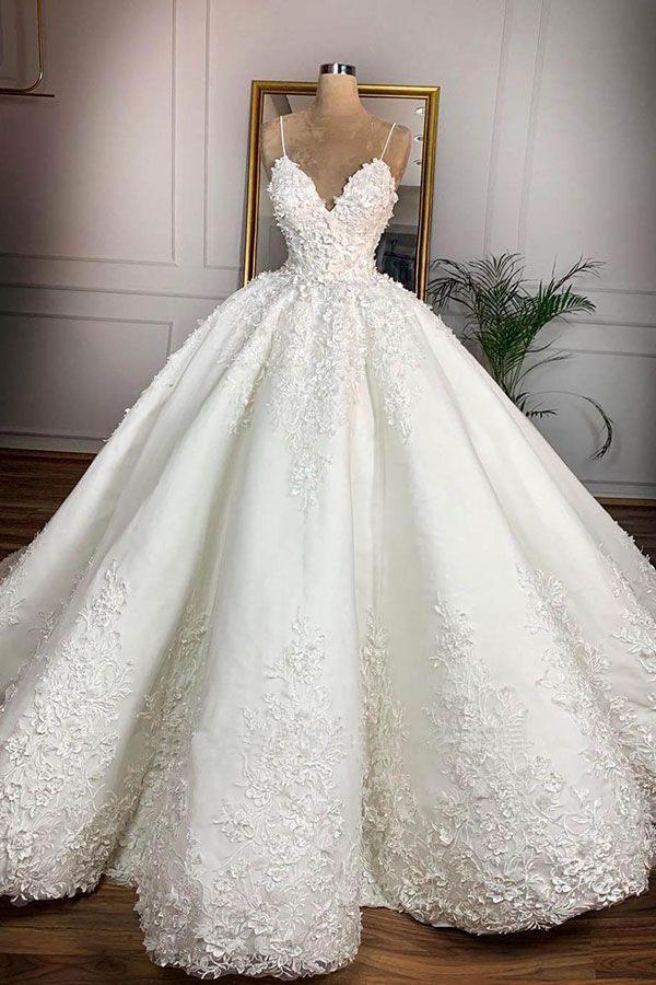 Ball Gown Spaghetti Straps Appliques Satin Wedding Dresses, Quineanera SRS20455
