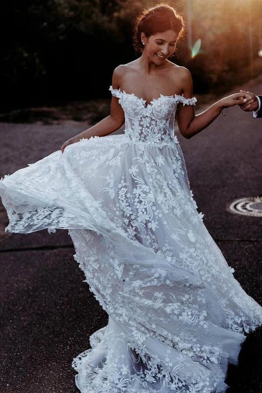 A Line Sweetheart Off the Shoulder Tulle Ivory Long Wedding Dresses with Appliques SRS15557