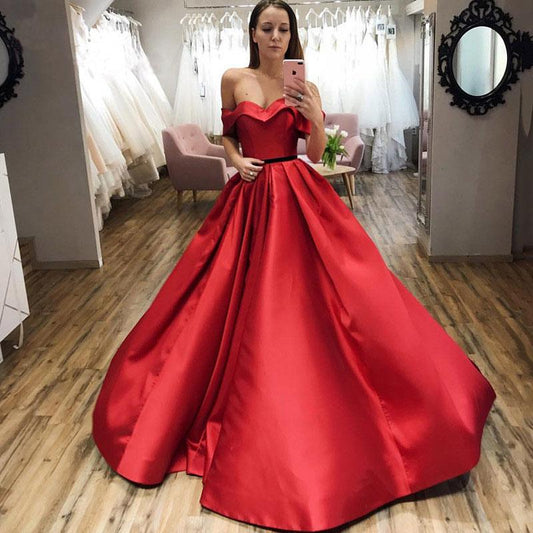 Red Ball Gown Off the Shoulder V Neck Satin Prom Dresses, Evening SRS15660