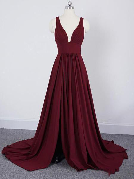 Burgundy A Line Deep V Neck Cheap Bridesmaid Dresses For Wedding GD00001