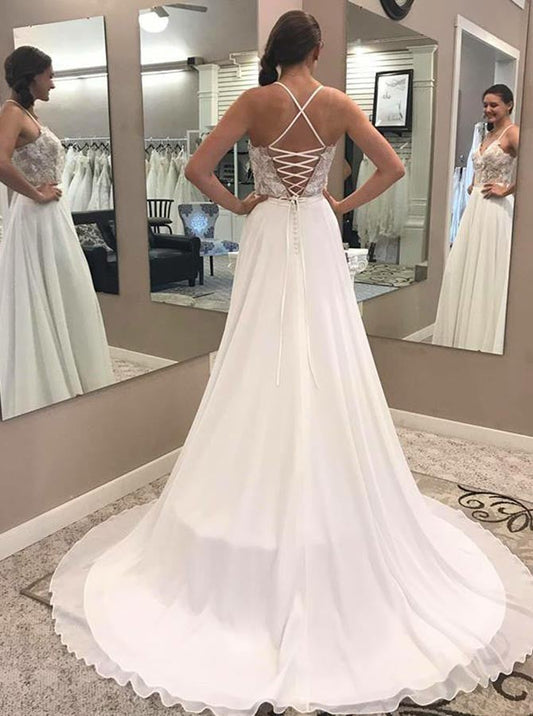 A Line V Neck Open Back Chiffon Ivory Lace Long Lace up Wedding Dresses with Appliques RS968