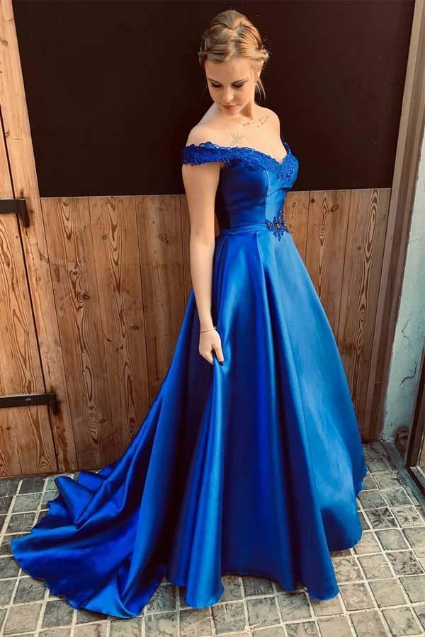 Royal Blue Sweetheart Off the Shoulder Satin Lace up Prom Dresses with Appliques RS682