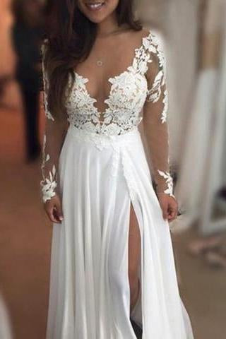 Sexy Long Sleeves Floor-Length Jewel Illusion Neck Prom Dress with Lace Top
