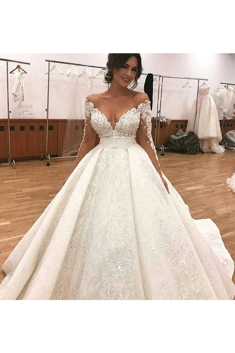Ball Gown Tulle Wedding Dresses Long Sleeves Appliques Beadings