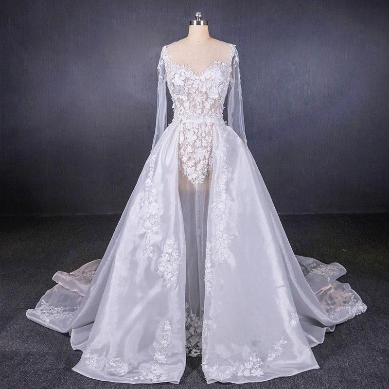 Long Sleeve Sweetheart White Bridal Dresses with Applique, Wedding Dresses SRS15250