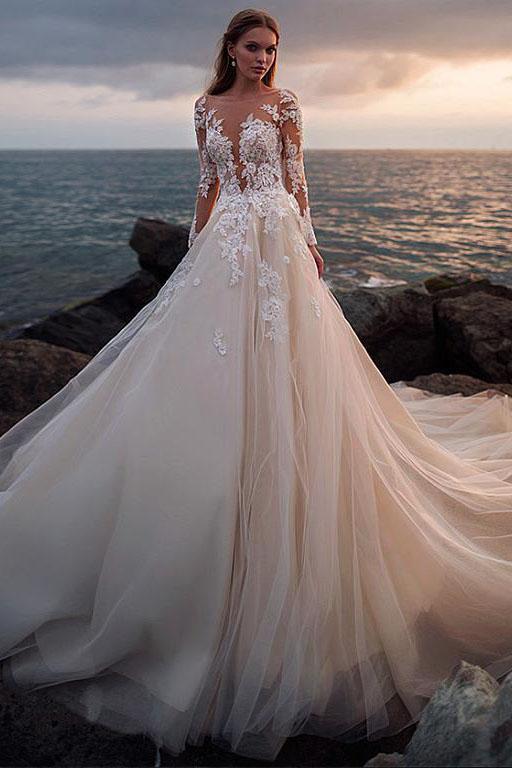 A Line Pink Long Sleeves Round Neck Tulle Wedding Dresses with Appliques, Wedding Gowns SRS15012