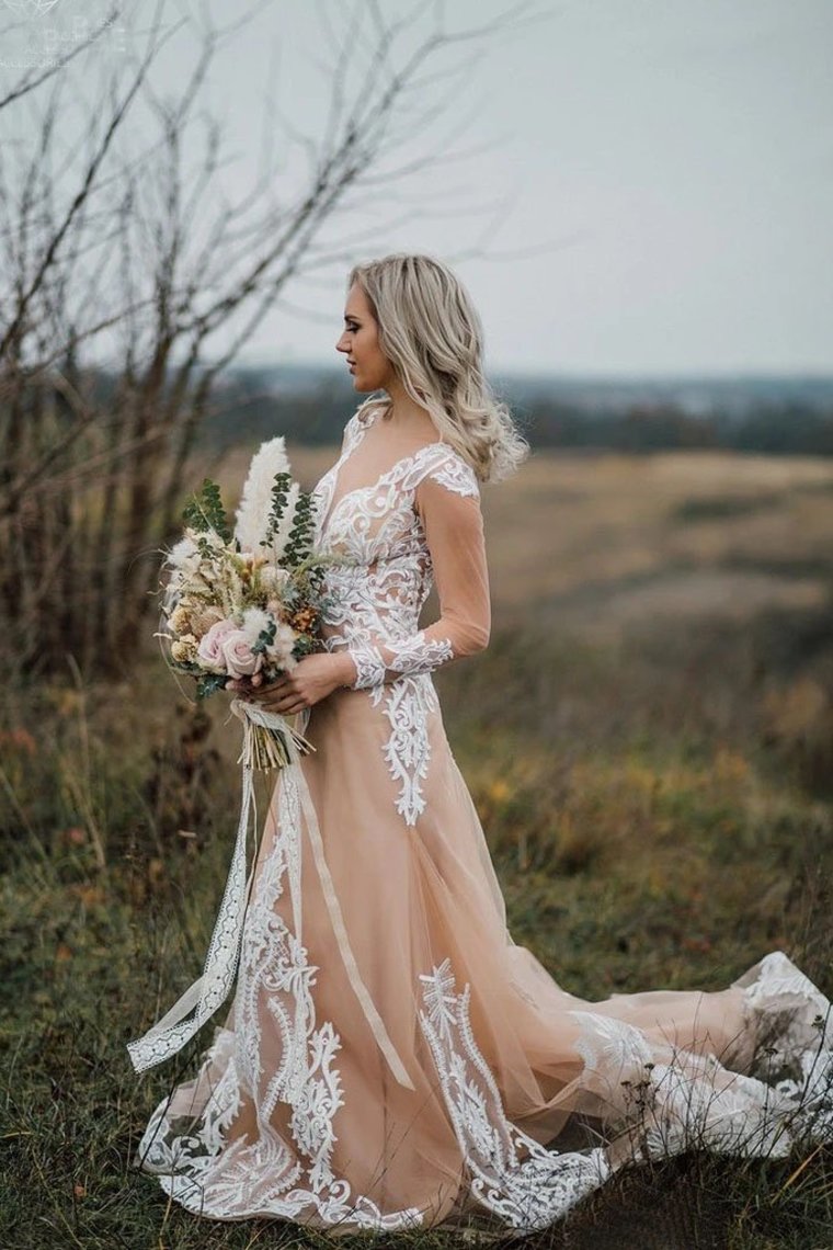 Long Sleeves Boho Wedding Dress With Appliques Mermaid SRSP22A7X4E