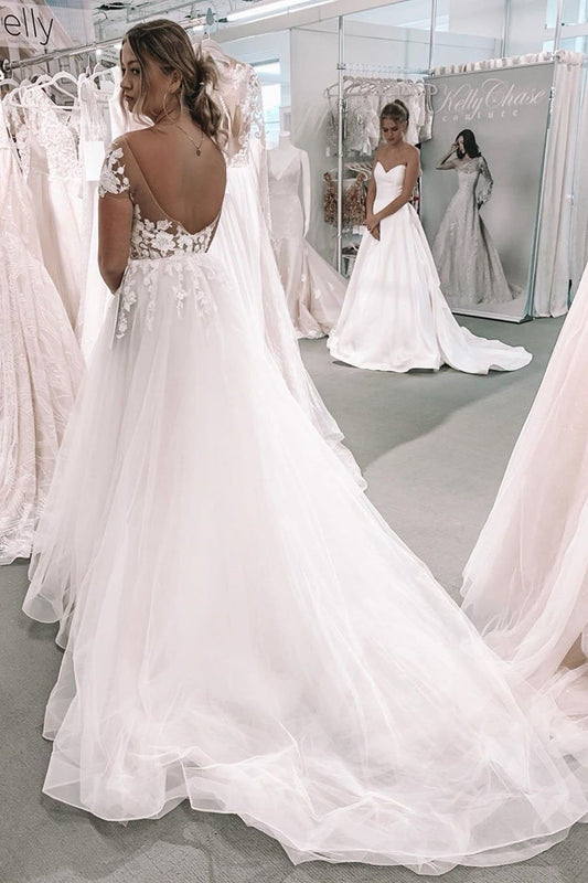 Elegant Ball Gown Ivory Tulle Wedding Dresses with Appliques, Wedding Gowns SRS15155