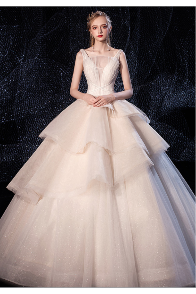 Ball Gown Tulle Wedding Dresses Straps Beads Chapel Train
