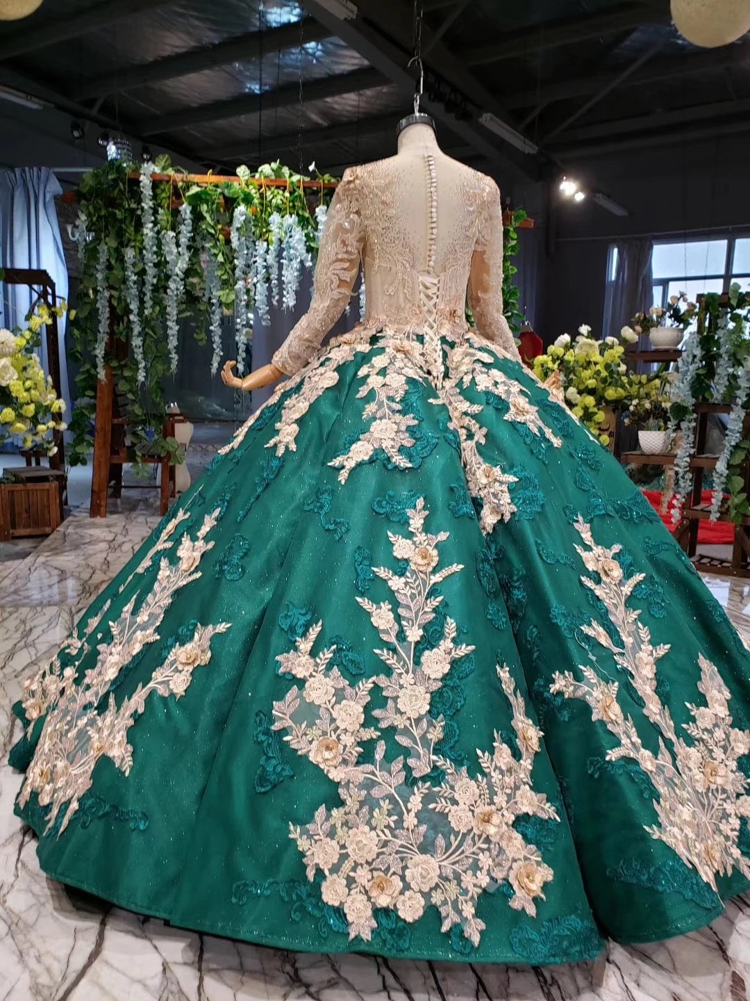 Ball Gown Long Sleeve Satin Beads Prom Dresses, Quinceanera Dresses with Appliques SRS15059